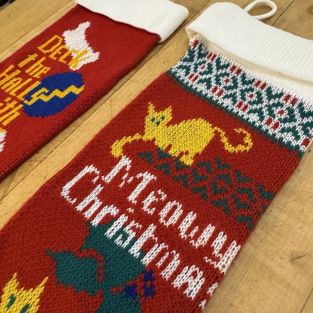 VTG Knit Stockings For Pets MEOWY Christmas Cat Dog Red White Charms‎ Reversible